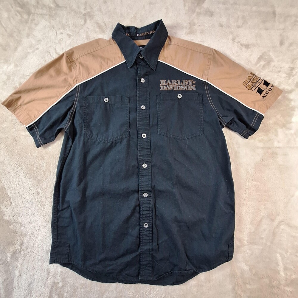 Harley-Davidson Shirt Mens Medium Black Khaki 110th Anniversary Embroidered